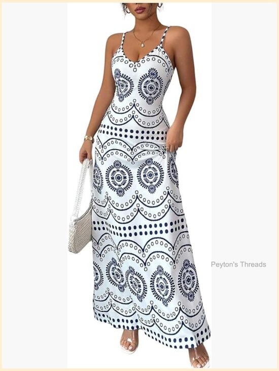 Dresses & Skirts - Graphic Print Deep V Neck Maxi Dress Sleeveless Summer
